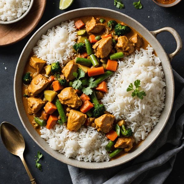 ¿Cuál es la receta para un pollo al curry con verduras y arroz?